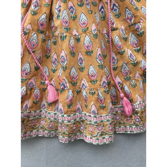 SLV Sur La Vague Cap Sleeve Mini Tulip Print Dress Pink Tassel Ruffle Neck SZ P - Picture 4 of 9